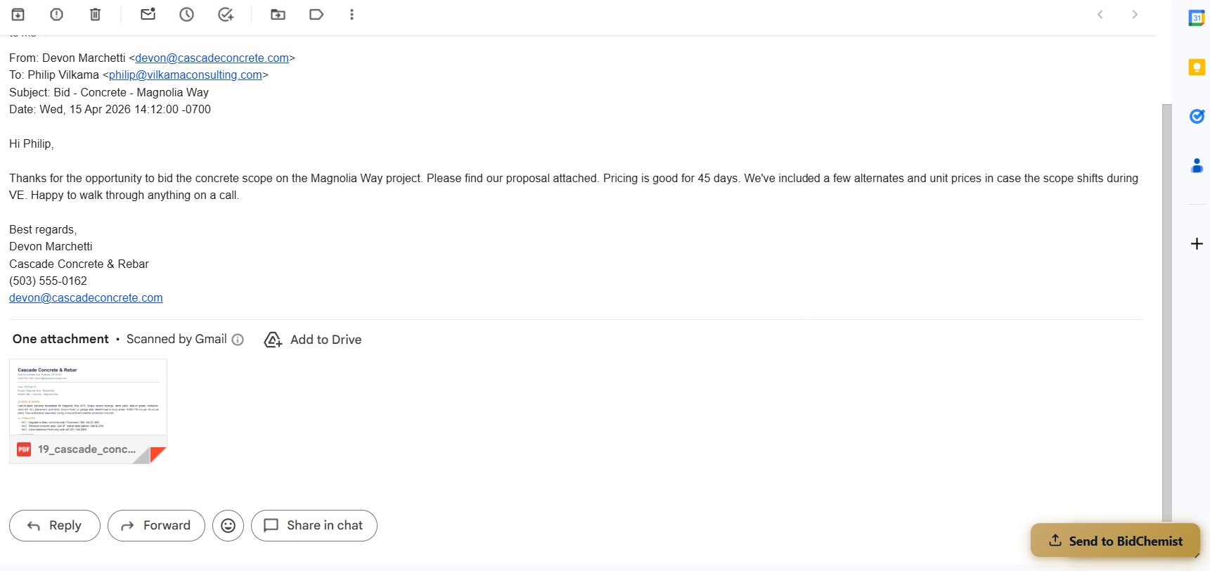 Gmail thread with the Send to BidChemist button on an attached subcontractor bid