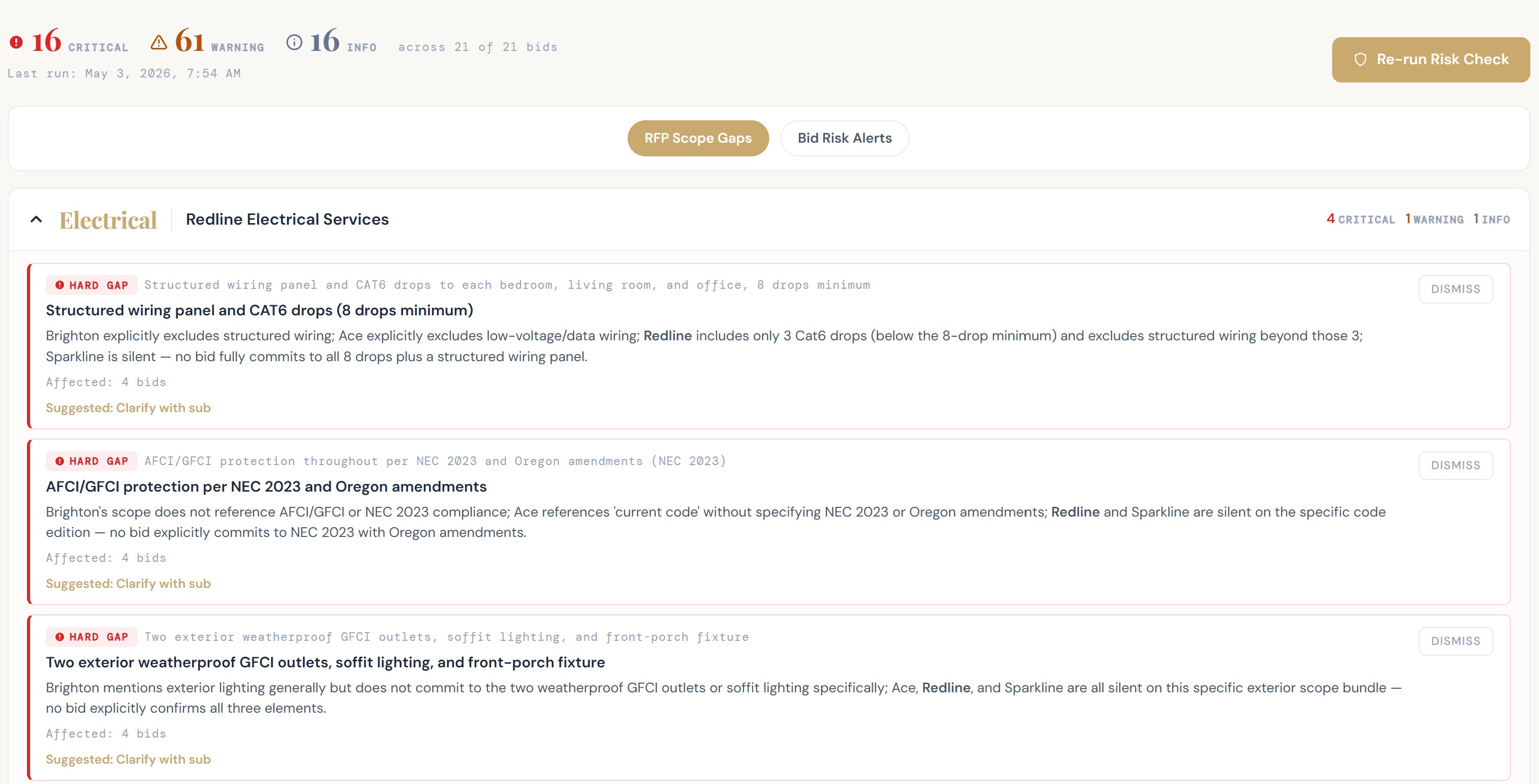 BidChemist scope-gap report flagging items the bids didn't cover